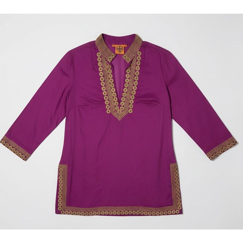 Tory Burch Tunic Boho Sheer 100% Cotton Embroidered Gold Trim Pink Sz 10 - Picture 2 of 8